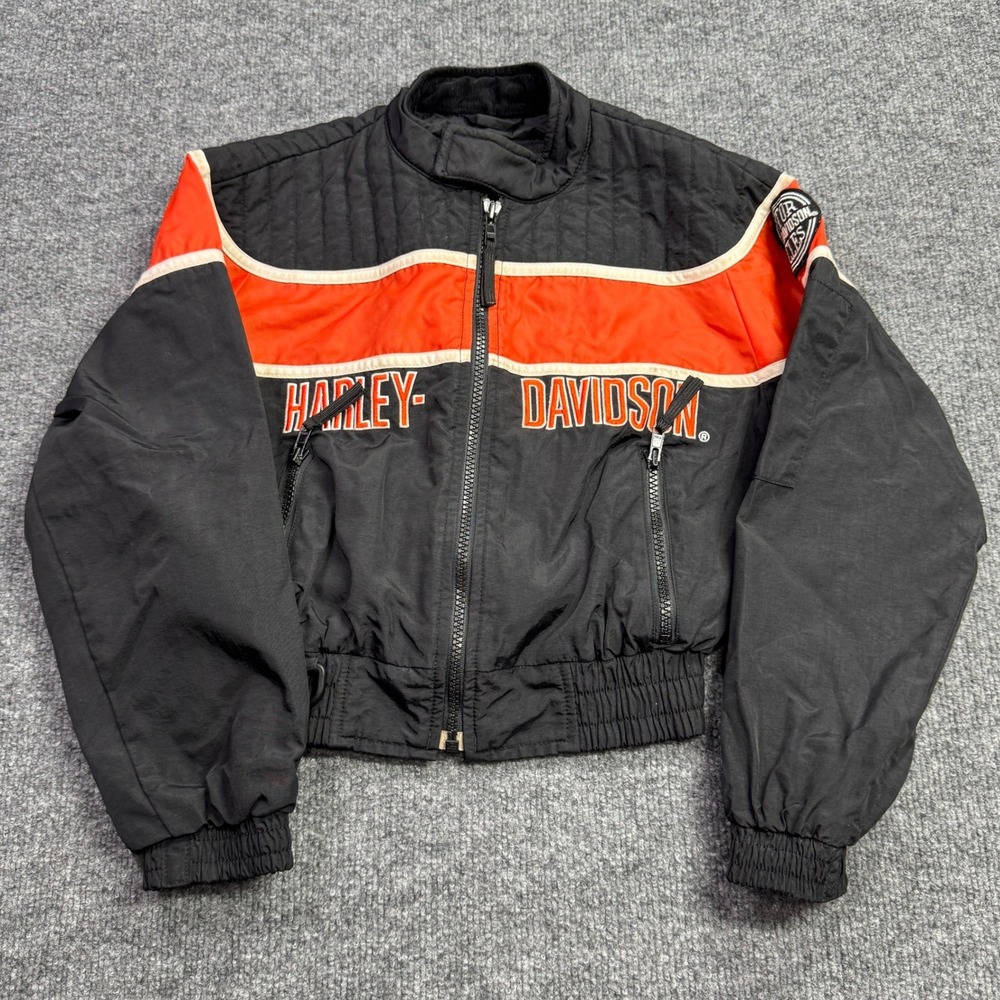 Harley Davidson Jacket Kids XS Black Orange Motorcycle Racing Full Zip Bomber